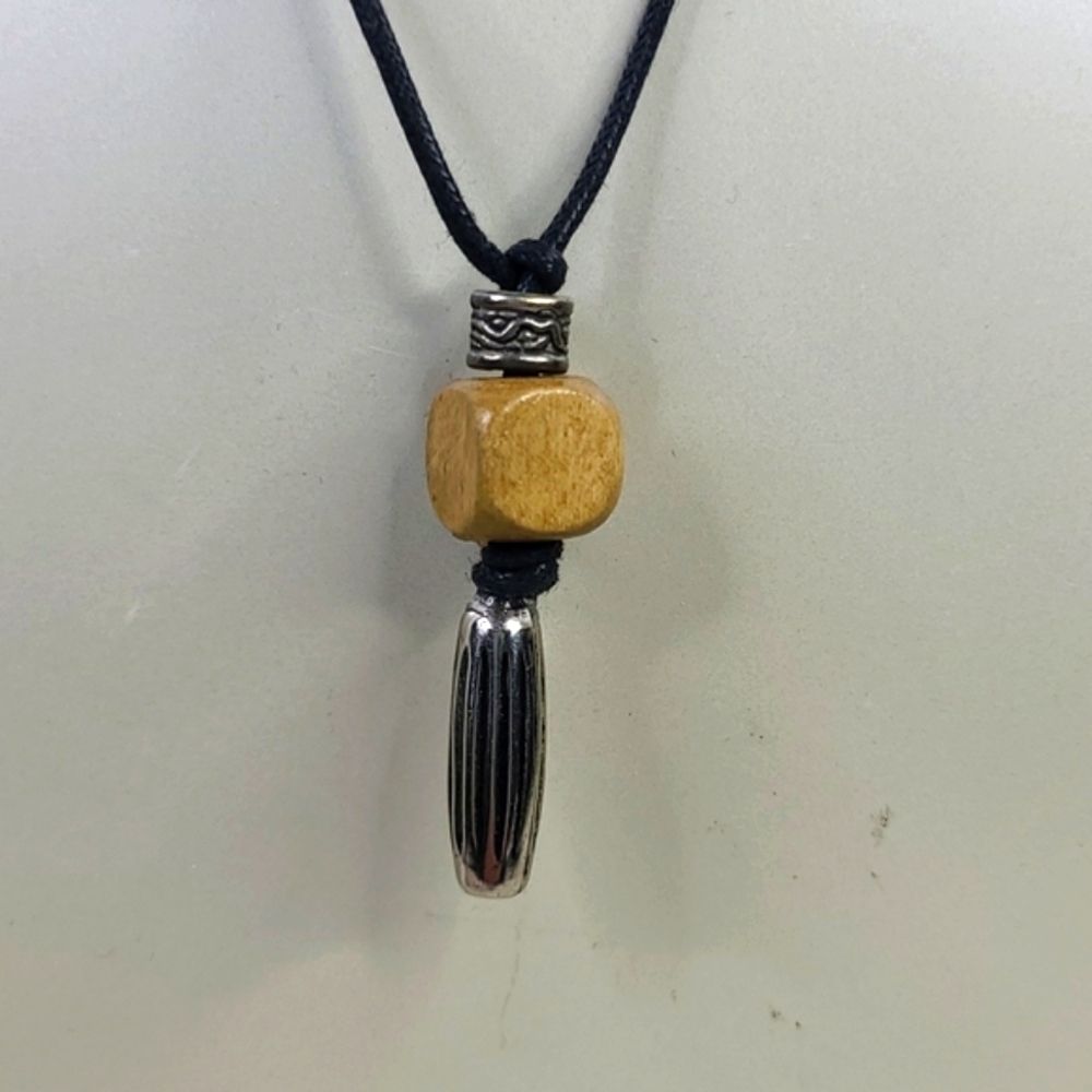 Necklace Silver Tone Wood Neutral Color Black Cord Vegan Unisex Gift Jewelry